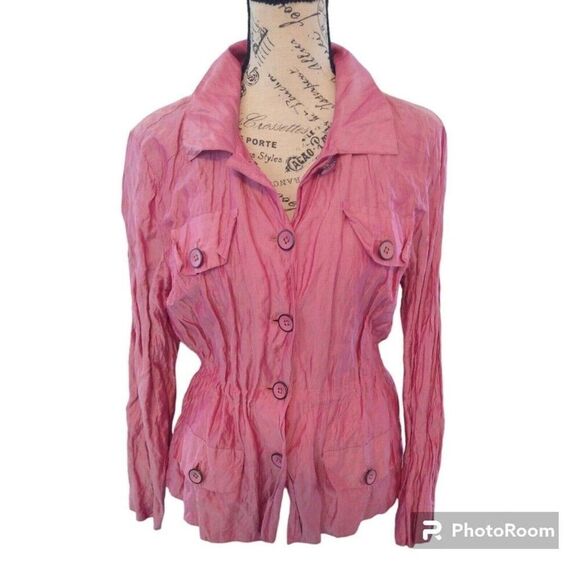 Chico's  silk Crinkled pink pull string button jacket Size 2 Boho Classic - Picture 1 of 10